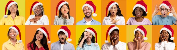 Porträts fröhlicher junger multikultureller Menschen mit Weihnachtsmützen, die über gelb getönten Hintergründen posieren, aufgeregte Männer und Frauen, die Weihnachten feiern und saisonale Verkäufe genießen, Collage - Foto, Bild
