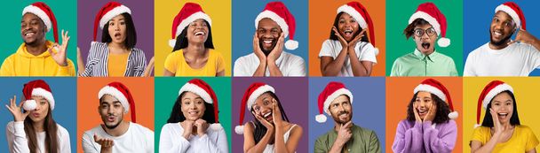 Hombres y mujeres felices multiétnicos con sombreros de Papá Noel divirtiéndose sobre fondos coloridos, gente multicultural alegre emocionada celebrando fiestas de Navidad, collage creativo, Panorama - Foto, Imagen