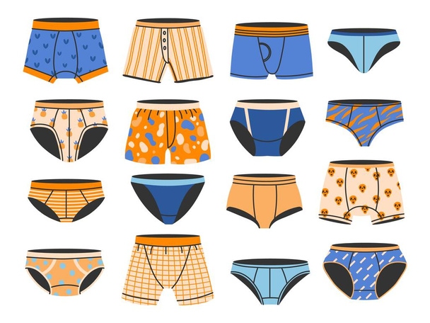 Casual man panties. Boy swimwear trunks, mens underwear and male everyday boxers. Briefs types vector set. Comfortable underclothes collection with different design as pineapple and skull - Διάνυσμα, εικόνα