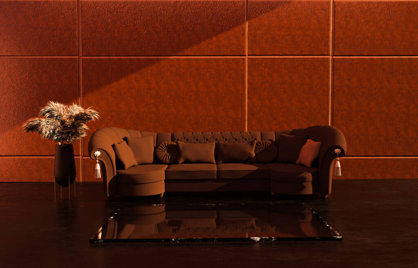 Luxus nappali bézs és sötétbarna színekben, széles kanapéval és dekoratív vázával. Téli belsőépítészeti koncepció. 3d illusztráció - Fotó, kép
