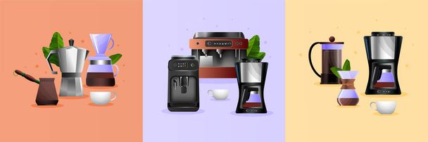 Kávé felszerelés lapos kompozíciók készlet moka pot cezve espresso gép francia préselés csésze színes háttér izolált vektor illusztráció - Vektor, kép