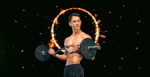 Athletic shirtless young sports man - fitness model with barbell in gym. - 写真・画像