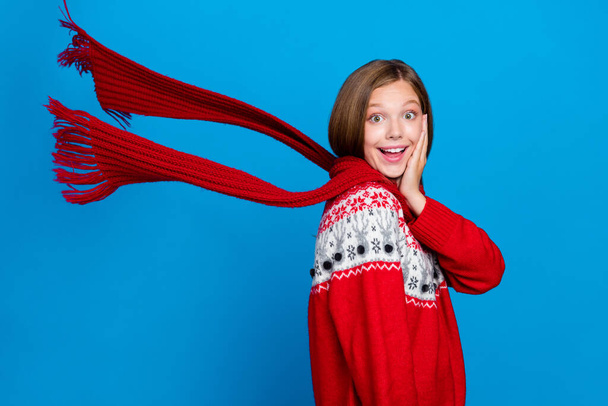 Photo of cool shiny excited school girl dressed red x-mas ornament pullover arm cheek scarf flying isolated blue color background. - Φωτογραφία, εικόνα