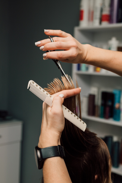 Un coiffeur coupe les cheveux d'un client. Dans les mains des ciseaux de coiffeur et les cheveux. Photo de haute qualité - Photo, image
