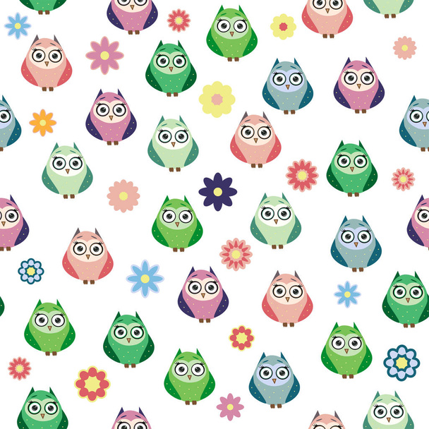 Cute multicolored owls and flowers in cartoon style, childish seamless pattern, newborn. Creative childish background for fabric, textile or wrapping paper. - Διάνυσμα, εικόνα