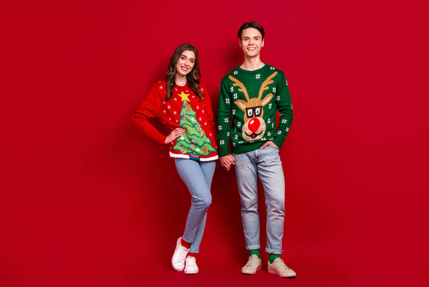 Full size photo of two idyllic lovely people standing hold arms enjoy newyear atmosphere isolated on red color background. - Fotografie, Obrázek
