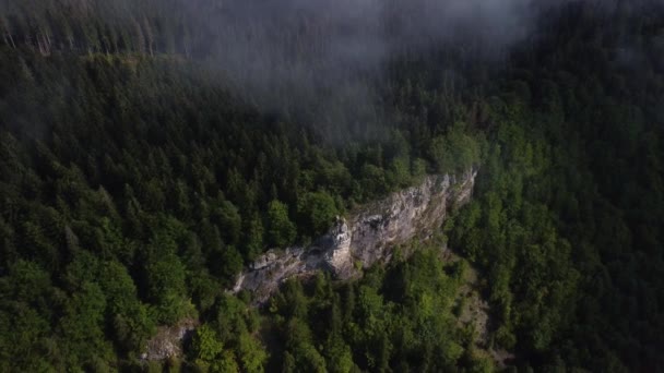O nevoeiro nebuloso sopra sobre as florestas de abetos. Tiros aéreos de florestas de abeto em colinas de montanha durante um dia nebuloso. Nuvens baixas e centrais pela manhã.Vista de drones, visão de olhos de pássaros, imagens em tempo real  - Filmagem, Vídeo