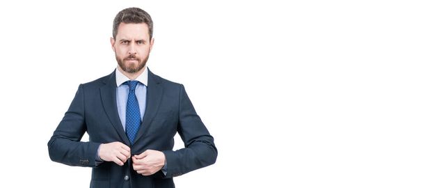 Serious professional man adjust formal suit business dress code isolated on white, formalwear. Man face portrait, banner with copy space. Business man in suit, isolated studio background - Valokuva, kuva