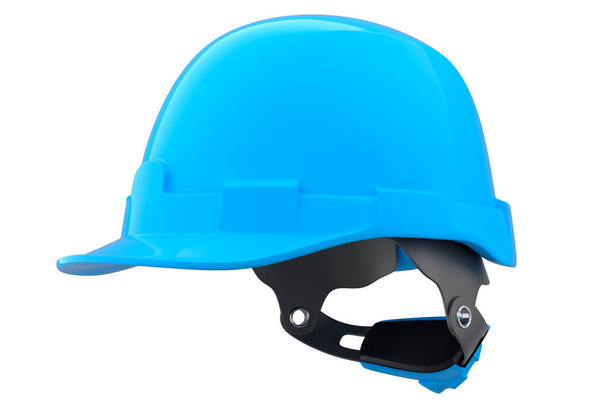Blue safety helmet or hard cap isolated on white background. 3d render and illustration of headgear and handyman tools - Foto, imagen