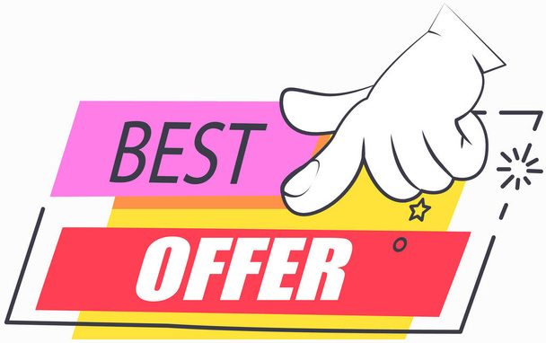 Big sale banner best price. Hot sale and discount. Special offer text and hand. New arrival, big sale and special offer. Black friday up to. Big discount with human hand pointing to advertising phrase - Vettoriali, immagini