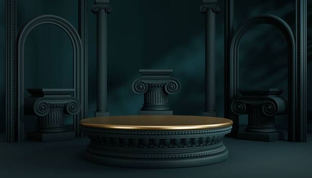 3d pódio de luxo com coluna romana para o pódio de fundo do produto estilo clássico para mostrar podructs cosméticos vitrine no fundo. - Foto, Imagem