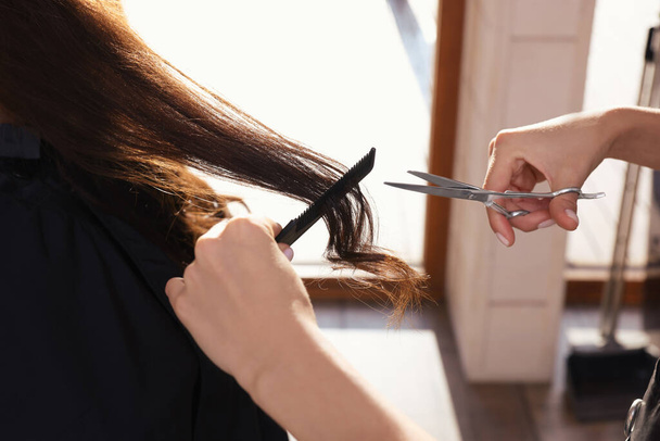 Professional hairdresser cutting woman's hair in beauty salon, closeup - Foto, imagen