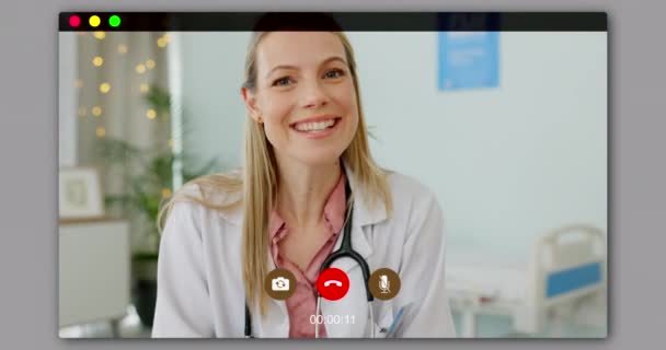 Video call, screen and doctor consulting online, virtual healthcare or telehealth service for pediatrician advice, help and support. Zoom call, computer technology and medical cardiology woman talk. - Кадры, видео