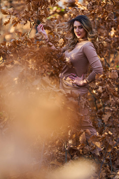 Plus size beautiful woman in an oak forest in the late autumn - Zdjęcie, obraz