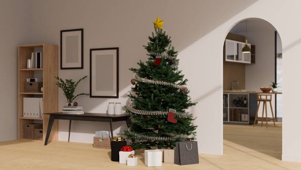 Modernes, komfortables und minimalistisches Wohnzimmer am Weihnachtsfeiertag mit wunderschönem Weihnachtsbaum, Geschenken, Rahmen-Attrappe an weißer Wand, Bogentür und Dekor. 3D-Renderer, 3D-Illustration - Foto, Bild