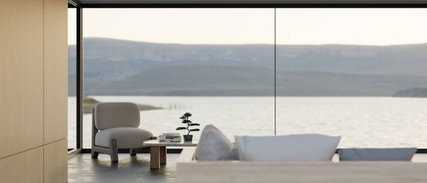 Luxuoso e contemporâneo salão do hotel ou penthouse sala de estar design de interiores contra a janela com deslumbrante vista para o lago e montanha, cadeira confortável, mesa de café e sofá. renderização 3d, ilustração 3d - Foto, Imagem