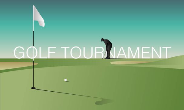 Affiche de compétition du club de golf. Modèle pour compétition de golf ou événement de championnat. Ciel bleu et terrain de golf vert. - Photo, image