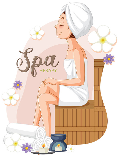 Sauna vrouw met handdoek illustratie - Vector, afbeelding