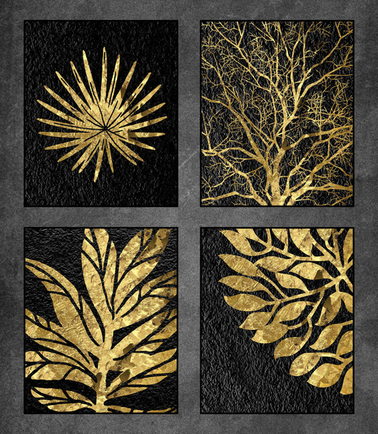 Modern nordic wall decor. wall frame poster art. a golden tree, leaves, and branches on black texture background. 3d artwork - Foto, Imagen