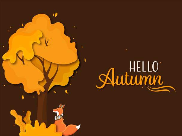 Hello Autumn Font With Cartoon Fox Sitting Under Paper Cut Tree And Fall Leaves On Brown Background. - Vektör, Görsel