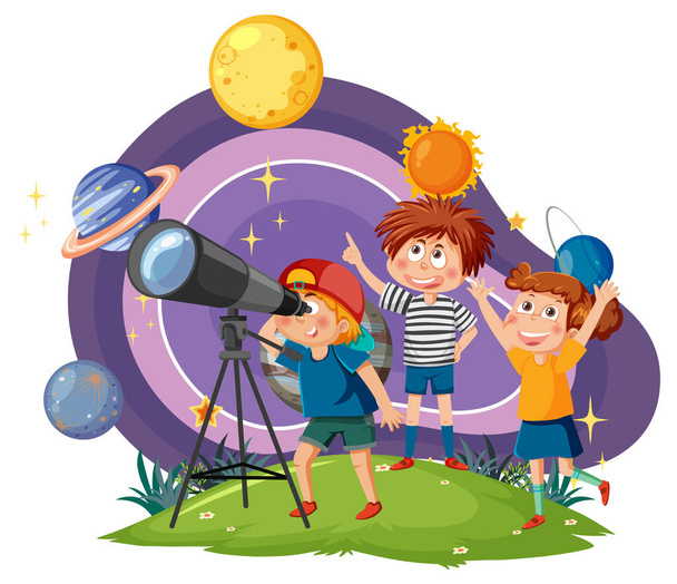 Діти спостерігають за планетами з ілюстрацією телескопа
 - Фото, зображення