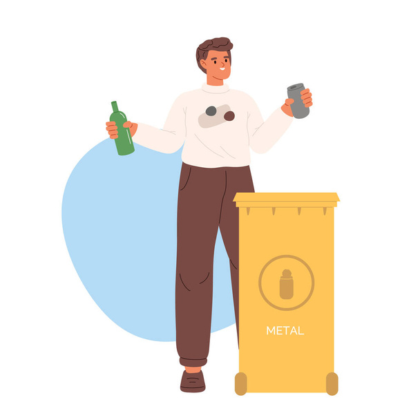 Mann wirft sortierten Metallmüll in Müllcontainer Guy sortiert Müll für Recycling und Wiederverwendung. Sortieren Abfall Lebensstil Konzept. Cartoon-flache Vektorillustration - Vektor, Bild