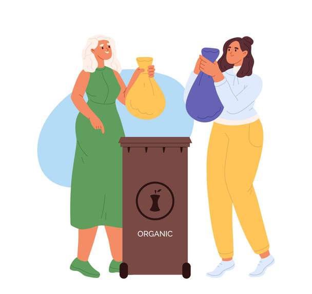 Le donne gettano rifiuti organici selezionati nel contenitore della lettiera. Persone che selezionano rifiuti per il riciclaggio e il riutilizzo. Ordinare concetto di stile di vita rifiuti. Illustrazione vettoriale piatta del fumetto - Vettoriali, immagini