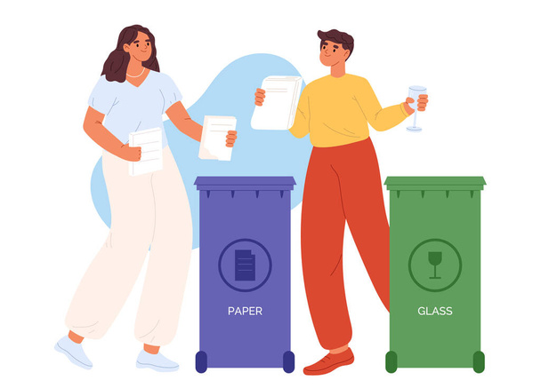 Muž a žena třídí sklo a papírový odpad k recyklaci. Lidé házejí odpadky do kontejnerů na odpadky, aby je recyklovali. Řadit koncept životního stylu odpadu. Kreslený plochý vektorový obrázek - Vektor, obrázek
