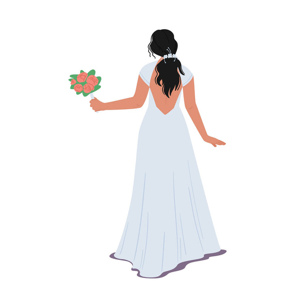 Стильная невеста в элегантном платье с открытым задним видом сзади изолированы на белом фоне. Женский характер с букетом и длинным платьем для свадебной церемонии. Вектор карикатурных людей - Вектор,изображение