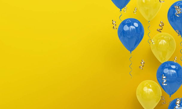Žluté pozadí s realistické modré a žluté balónky oslavy 3D Render - Fotografie, Obrázek