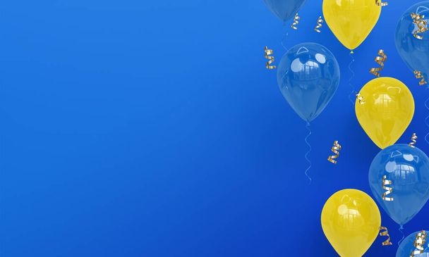 Niebieskie tło z realistyczne niebieskie i żółte balony Celebration 3D Render - Zdjęcie, obraz