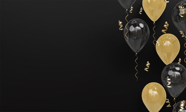 Zwarte achtergrond met realistische zwarte en gouden ballonnen Celebration 3D Render - Foto, afbeelding