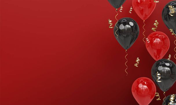 Fond rouge avec réaliste ballons rouges et noirs célébration 3D Render - Photo, image