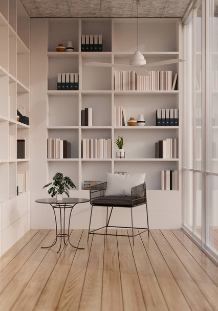 Nowoczesna czytelnia lub biblioteka wnętrz z nowoczesnym białym wbudowanym regałami, wentylatorem sufitowym, stołem i fotelem na drewnianej desce podłogowej. 3d renderowanie, ilustracja 3D - Zdjęcie, obraz