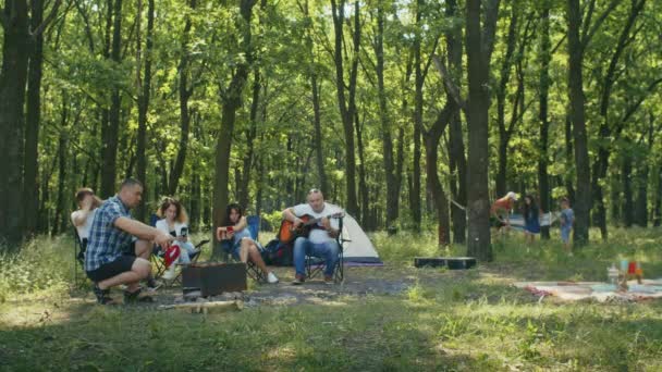 Boldog társaság, anya, apa, fia, lánya és barátai piknikeznek az erdő környékén. családi kemping nyáron, pihenés sátorral a Forest City parkban - Felvétel, videó