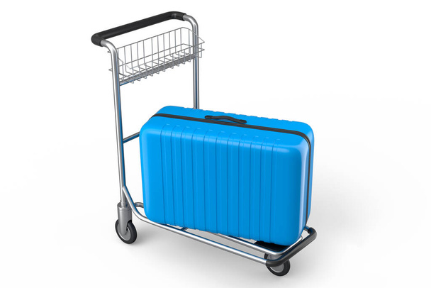 Regular polycarbonate suitcase on hotel trolley cart for carrying baggage on white background. 3d render travel concept of hotel service on vacation and luggage transportation - 写真・画像