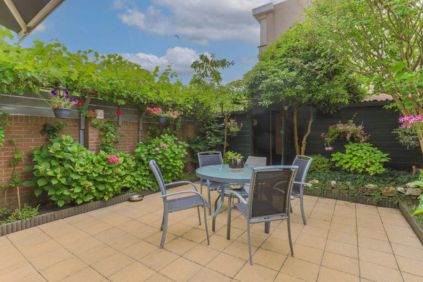 Neat powerful patio with sitting area and small garden near wooden fence - Photo, Image