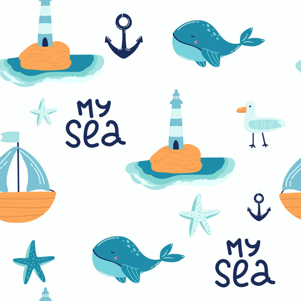 Blauwe vinvis in de zee Leuke cartoon achtergrond naadloos patroon Het ontwerp gebruikt voor textiel, Kleding patroon, Print, Behang, Vector Illustratie - Vector, afbeelding