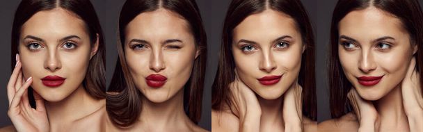 Collage. Portretten van jong mooi meisje met rechte brunette haar en rode lippen poseren geïsoleerd over donkergrijze achtergrond. Concept van schoonheid, huidverzorging, kosmetologie, plastische chirurgie, make-up - Foto, afbeelding