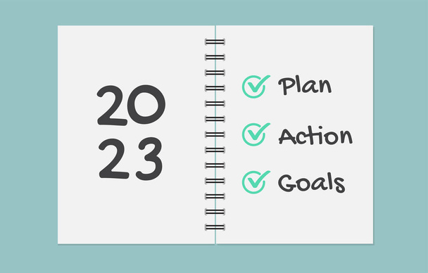 Cuaderno con las palabras metas 2023. plan, Acción. Lista de objetivos de año nuevo 2023. Ilustración vectorial. - Vector, Imagen