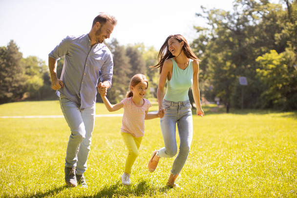 Ευτυχισμένη νεαρή οικογένεια με χαριτωμένη μικρή κόρη διασκεδάζουν στο πάρκο σε μια ηλιόλουστη μέρα - Φωτογραφία, εικόνα