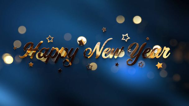 Happy New Year greetings with golden effect. Shiny celebration text on dark blue for background, graphic design, banner, illustration, poster. 3D rendering  - 写真・画像