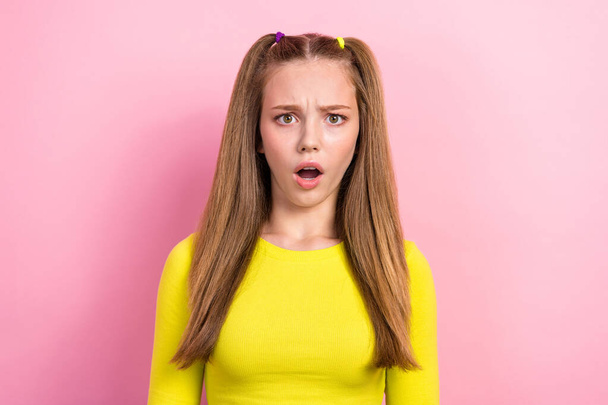 Portrait of upset dissatisfied offended girl with straight hairdo wear yellow long sleeve open mouth isolated on yellow color background. - Foto, Imagem