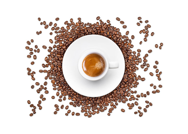 Coffee cup top view on coffee beans background - Zdjęcie, obraz