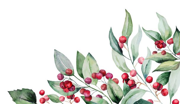 Christmas colorful watercolor  twig with green leaves and red berries border. ., isolated Illustration. Hand painted Element for Winter holiday stationary, greetings, wallpaper, posters - Fotografie, Obrázek