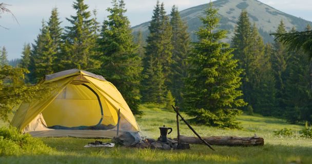Tent and bonfire on the forest lawn in the mountains. Travel concept - Photo, Image