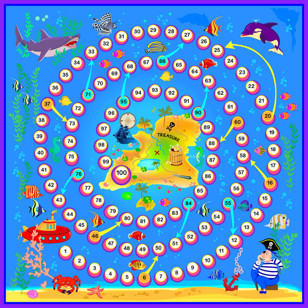 Board game for little children with a dice. Treasure island adventure. Printable page for baby book. Developing counting skills. Study numbers. Vector cartoon illustration for kids. Play online. - Διάνυσμα, εικόνα