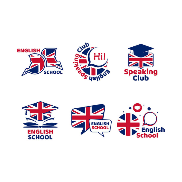 白を基調として隔絶された赤と青の6つの英語学校シンボルの集合 - ベクター画像