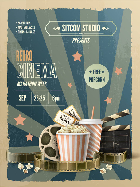 Affiche d'invitation de la semaine du cinéma design rétro avec billets popcorn clapper rouleaux illustration vectorielle verticale réaliste - Vecteur, image