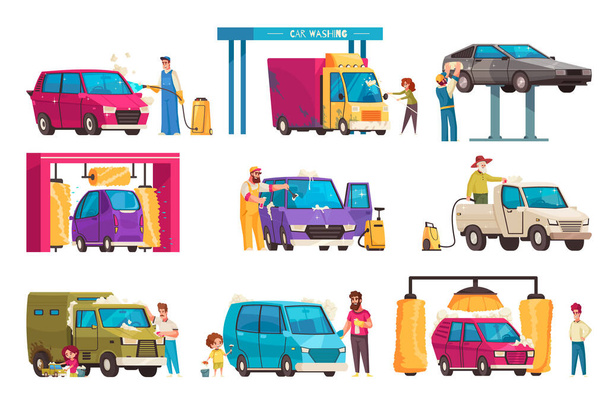 車の洗浄と車両の自己クリーニングサービス漫画のアイコンは、絶縁ベクトルイラストを設定 - ベクター画像